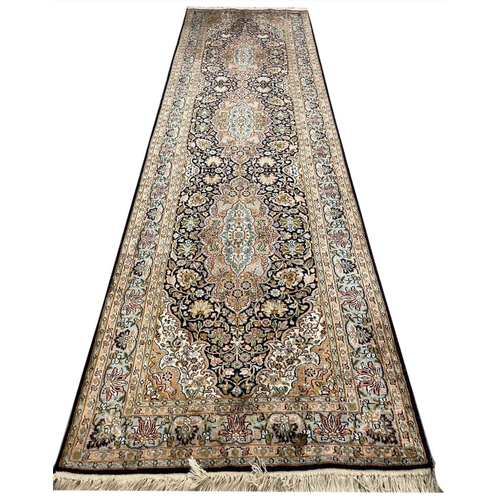 25 - FINE PURE SILK TEHRAN DESIGN RUNNER, 280cm x 78cm.