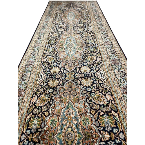 25 - FINE PURE SILK TEHRAN DESIGN RUNNER, 280cm x 78cm.