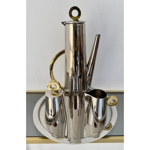 573 - COFFEE SET, Art Deco style, includes tray 31cm diam., coffee pot 36cm H, milk jug 11cm H, and sugar ... 