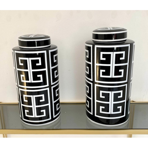 574 - GINGER JARS, a pair, 40cm x 19cm glazed ceramic, art deco style print.