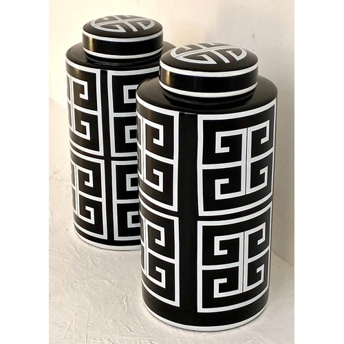 574 - GINGER JARS, a pair, 40cm x 19cm glazed ceramic, art deco style print.