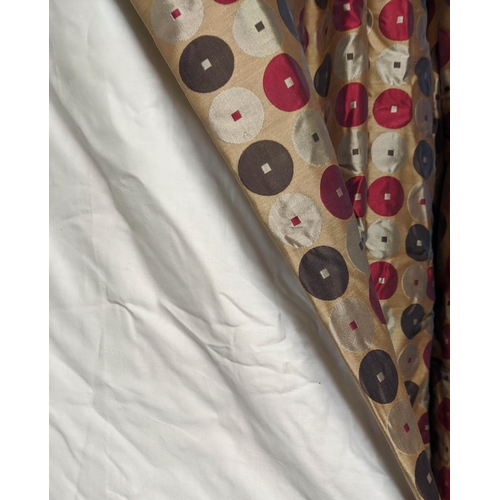 555 - CURTAINS, a pair, gold with red, cream and brown circle decoration contemporary design, silk, with i... 