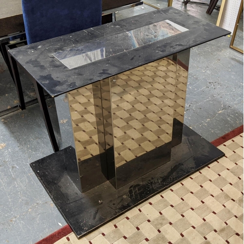 561 - VINTAGE TABLE PEDESTAL, 92cm x 56cm x 72cm, polished metal and vinyl.