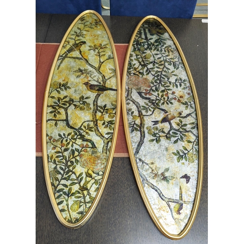 566 - MIRRORED WALL ACCENTS, a pair, 90cm x 27cm, antiqued finish, with printed natural scenes. (2)