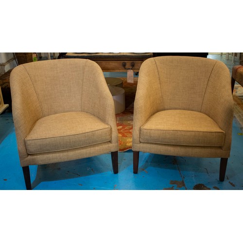 120 - TUB ARMCHAIRS, a pair with rounded backs and linen upholstery. (2)