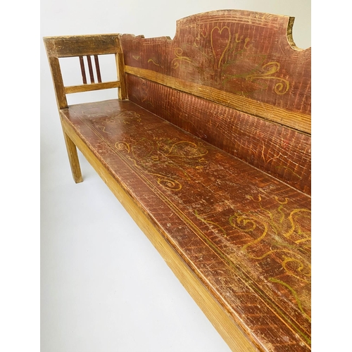 106 - HUNGARIAN SEAT, 19th century pine, with original painted decoration, 193cm W.