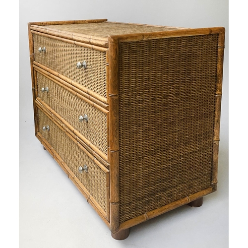 107 - BAMBOO CHEST, 81cm H x 93cm x 48cm, bamboo and faux bamboo framed with woven cane panels and three l... 
