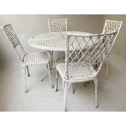 108 - GARDEN/TERRACE SET, faux bamboo cast aluminium and white painted, circular pierced table and four ch... 