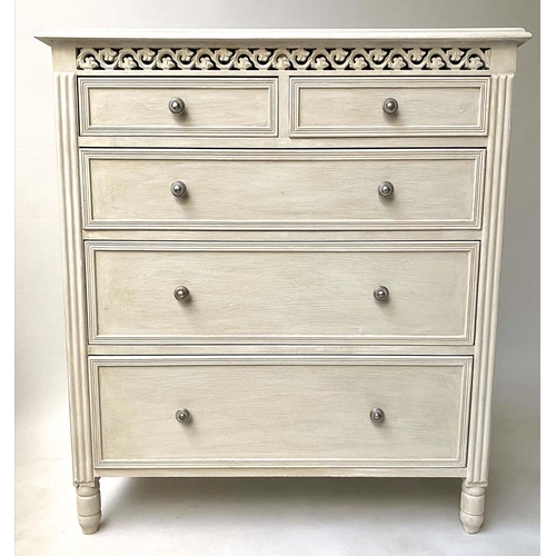 178 - COMMODE, French style grey painted with pierced frieze and five drawers, 40cm x 91cm x 102cm H.