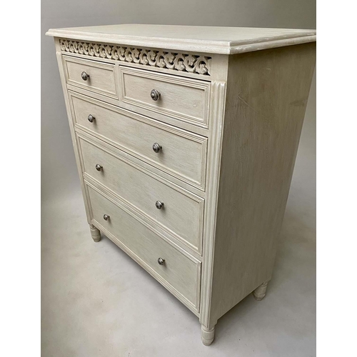 178 - COMMODE, French style grey painted with pierced frieze and five drawers, 40cm x 91cm x 102cm H.