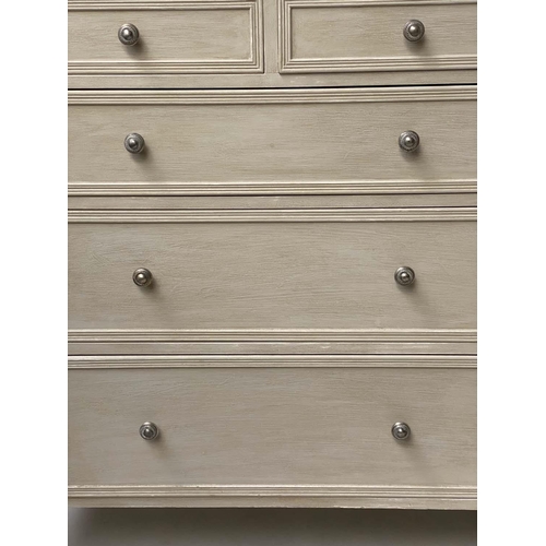 178 - COMMODE, French style grey painted with pierced frieze and five drawers, 40cm x 91cm x 102cm H.