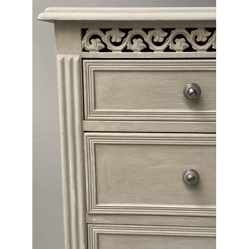 178 - COMMODE, French style grey painted with pierced frieze and five drawers, 40cm x 91cm x 102cm H.