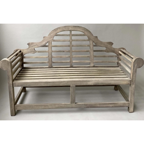 127 - LUTYENS STYLE GARDEN BENCH, silvery weathered teak of substantial slatted construction after a desig... 