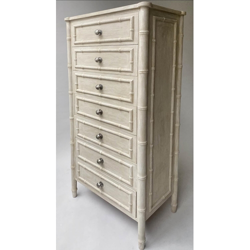 FAUX BAMBOO CHEST, 143cm H x 63cm x 37cm D, carved and traditionally grey painted with six drawers.