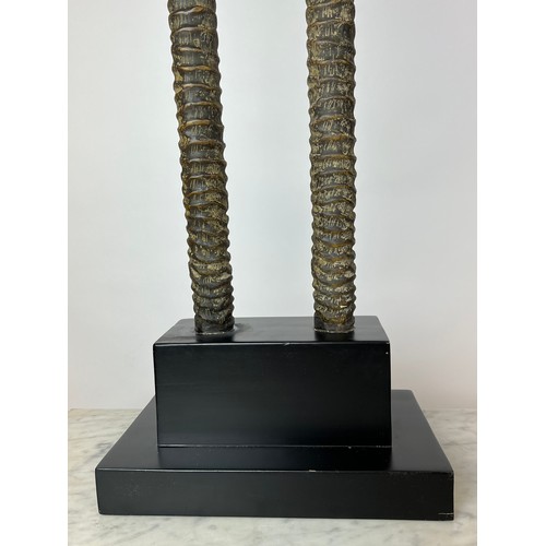 30 - FAUX ORYX TROPHY HORNS, a pair, on ebonised plinth bases, 102cm H. (2)