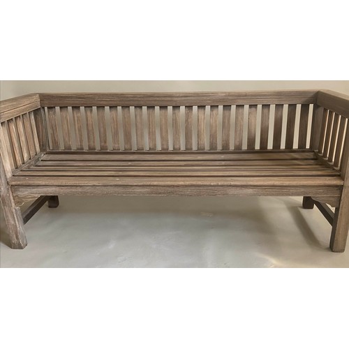 GARDEN BENCH, 183cm W, weathered teak of substantial slatted construction with flat top arms and level back.