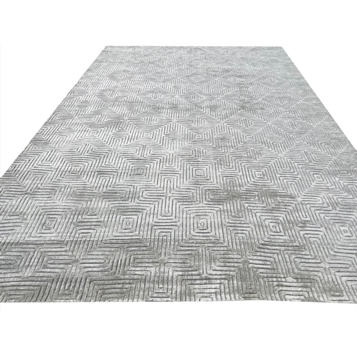 120 - CONTEMPORARY SILK CARPET, 300cm x 200cm, geometric silver field.