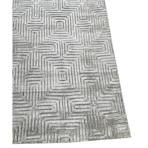 120 - CONTEMPORARY SILK CARPET, 300cm x 200cm, geometric silver field.