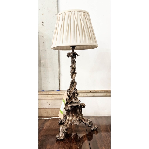 185 - TABLE LAMP, 50cm, silver plate, vine detail on a triform base.