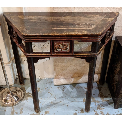 182 - CHINESE CONSOLE TABLE, 105cm W x 84cm H x 46cm D 19th century lacquered elm with a canted top on tur... 