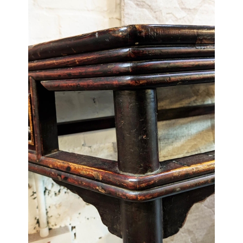 182 - CHINESE CONSOLE TABLE, 105cm W x 84cm H x 46cm D 19th century lacquered elm with a canted top on tur... 