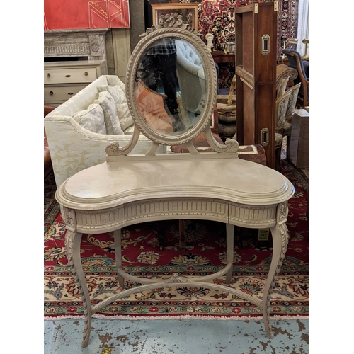 181 - DRESSING TABLE, 107cm W x 50cm D, Louis XVI style grey painted with oval mirror above three drawers.