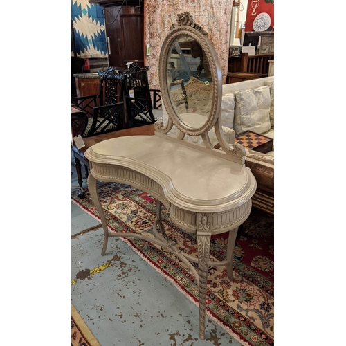 181 - DRESSING TABLE, 107cm W x 50cm D, Louis XVI style grey painted with oval mirror above three drawers.