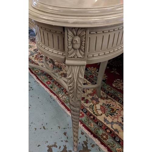 181 - DRESSING TABLE, 107cm W x 50cm D, Louis XVI style grey painted with oval mirror above three drawers.