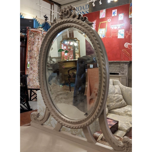 181 - DRESSING TABLE, 107cm W x 50cm D, Louis XVI style grey painted with oval mirror above three drawers.