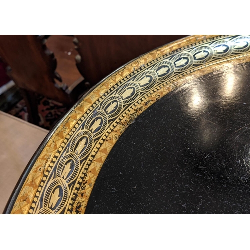 180 - OVAL TRAY ON STAND, 75cm x 60cm x 47cm H, 19th century papier mâché black with gilt detail on a mode... 