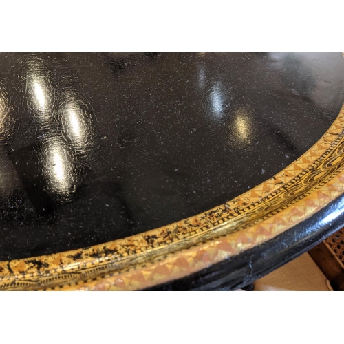 180 - OVAL TRAY ON STAND, 75cm x 60cm x 47cm H, 19th century papier mâché black with gilt detail on a mode... 