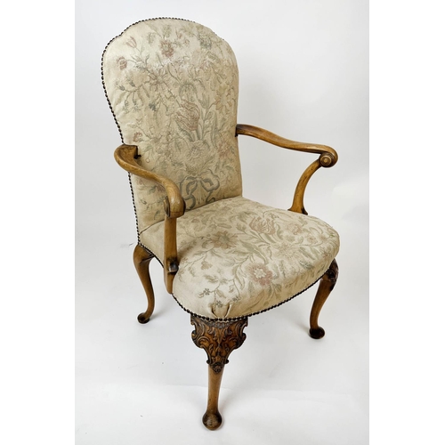 178 - OPEN ARMCHAIR, 68cm x 109cm H, Queen Anne style with faded tapestry style walnut fabric and carved c... 