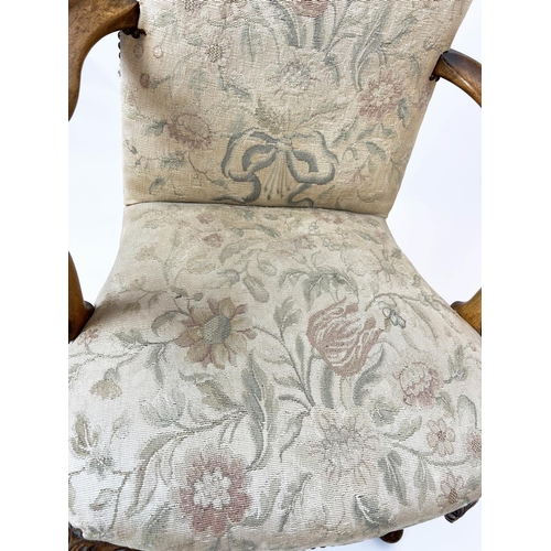 178 - OPEN ARMCHAIR, 68cm x 109cm H, Queen Anne style with faded tapestry style walnut fabric and carved c... 