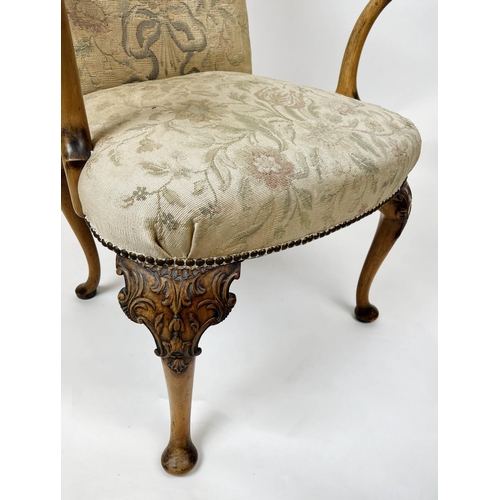 178 - OPEN ARMCHAIR, 68cm x 109cm H, Queen Anne style with faded tapestry style walnut fabric and carved c... 