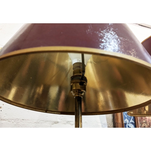 179 - TABLE LAMPS, each approx 75cm H including shades, three, adjustable, slender brass columns. (3)