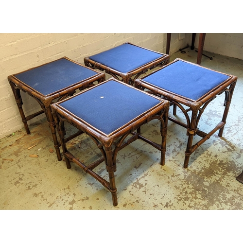 189 - BAMBOO STOOLS, 44cm H x 41cm, four with blue fabric tops. (4)