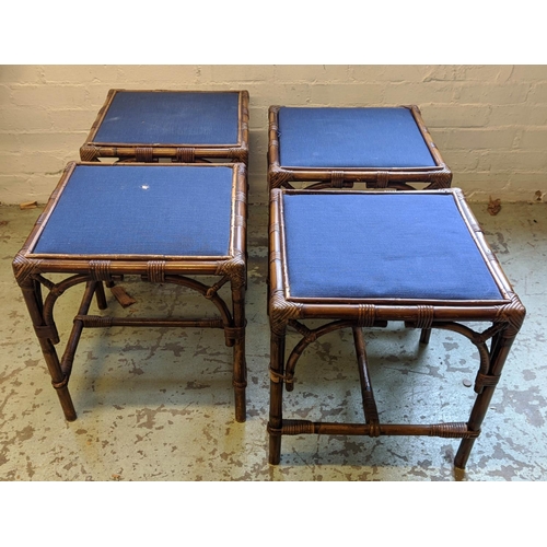 189 - BAMBOO STOOLS, 44cm H x 41cm, four with blue fabric tops. (4)