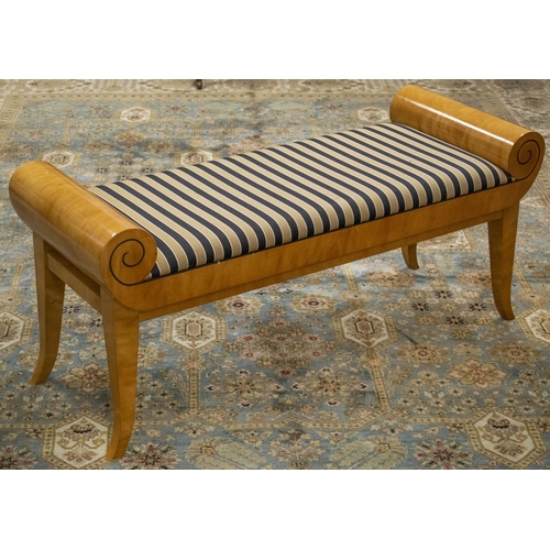 174 - WINDOW SEAT, 54cm H x 121cm x 45cm, Biedermeier style birch with striped upholstery.