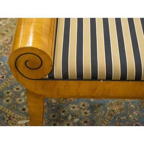 174 - WINDOW SEAT, 54cm H x 121cm x 45cm, Biedermeier style birch with striped upholstery.