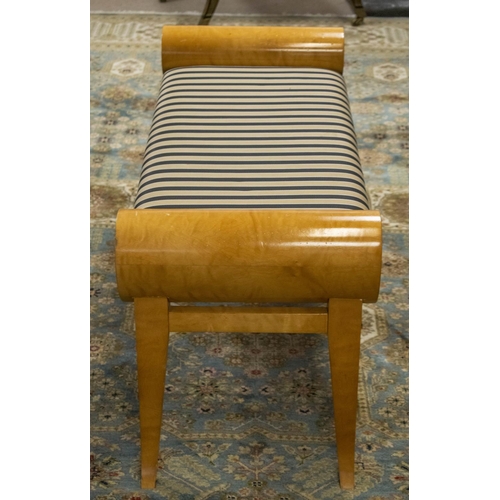 174 - WINDOW SEAT, 54cm H x 121cm x 45cm, Biedermeier style birch with striped upholstery.