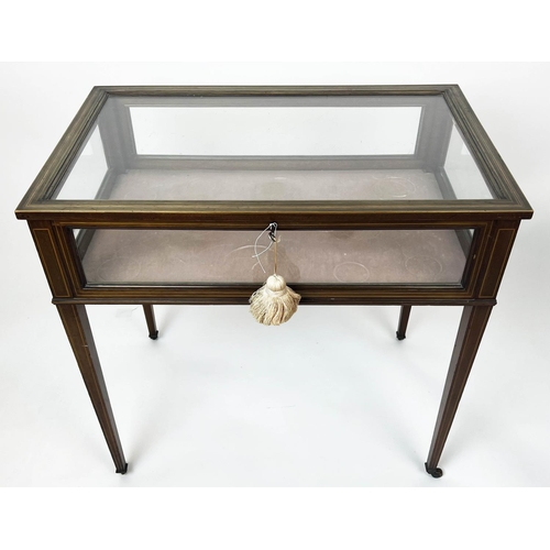 173 - BIJOUTERIE TABLE, 76cm x 49cm x 73cm H, Edwardian mahogany with inlaid strung detail, rising glass l... 