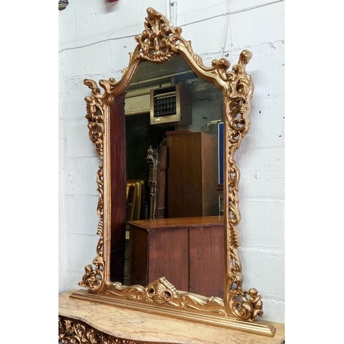 170 - CONSOLE TABLE AND MIRROR, 228cm H x 128cm W, Rococo style gilt framed with arched plate, marble top ... 