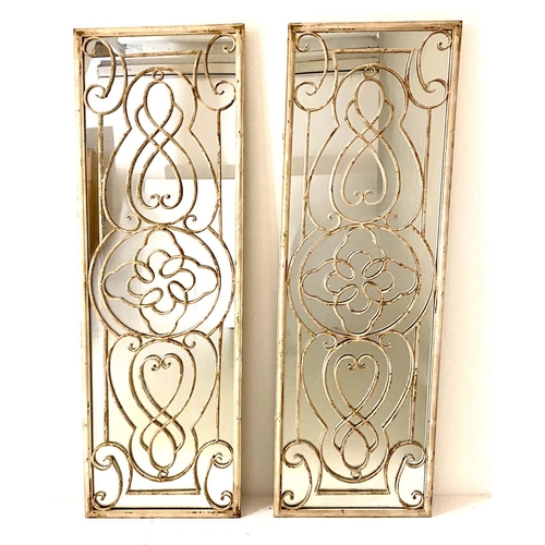 575 - ARCHITECTURAL WALL MIRRORS, a pair, 162cm H x 51cm W, refectory style, aged metal frames, (2)