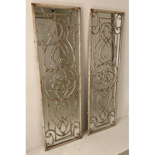 575 - ARCHITECTURAL WALL MIRRORS, a pair, 162cm H x 51cm W, refectory style, aged metal frames, (2)