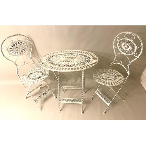 576 - GARDEN DINING SET, including table and two chairs, Regency style, white painted metal, 74cm x 72cm x... 