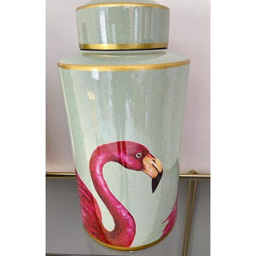 578 - GINGER JARS, glazed ceramic, flamingo print design, 40cm H x 20cm diam.