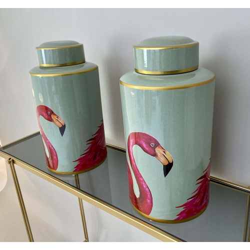 578 - GINGER JARS, glazed ceramic, flamingo print design, 40cm H x 20cm diam.