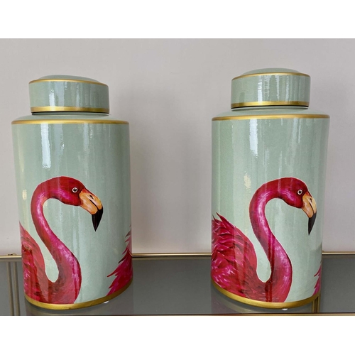 578 - GINGER JARS, glazed ceramic, flamingo print design, 40cm H x 20cm diam.