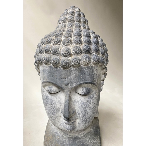 601 - BUDDHA HEADS, a pair, 72cm H, faux carved stone. (2)