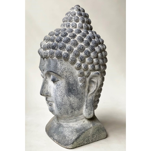 601 - BUDDHA HEADS, a pair, 72cm H, faux carved stone. (2)